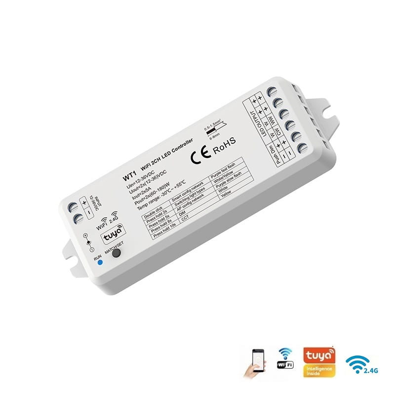 2-kanałowy sterownik Wi-Fi Tuya do LED MONO/CCT 2x5A 12-36VDC